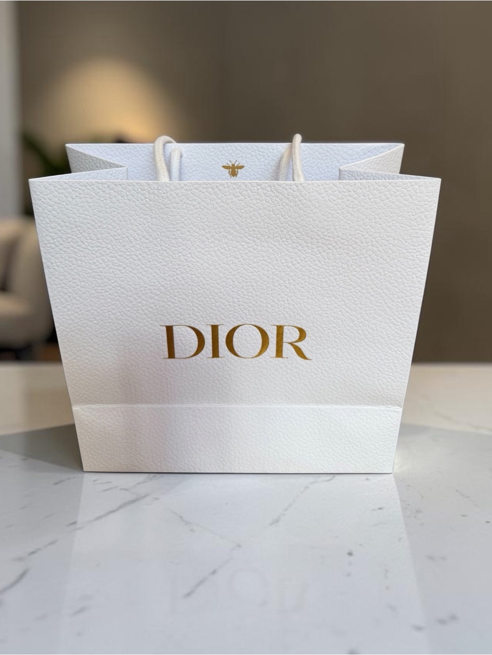 DIOR White Textured Shopping Bag w/a Gold Logo Bee Like New 9.5” Luxury Gift Bag